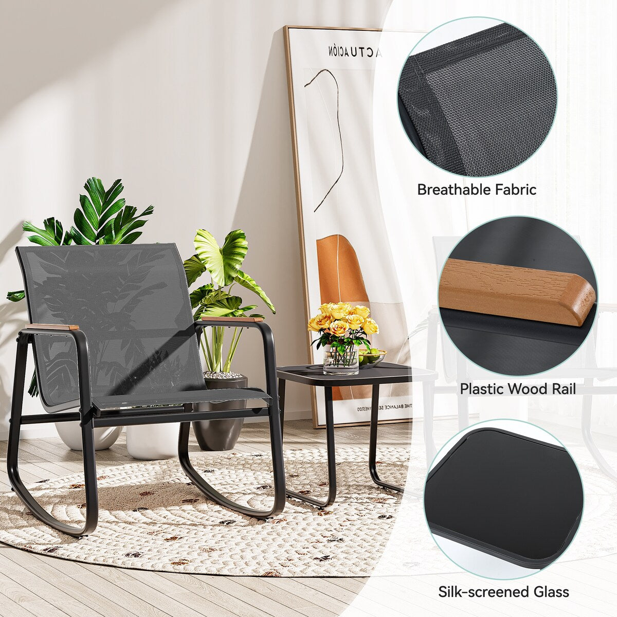 Moasis 3-piece Outdoor Rocking Chair Chat Set with Side Table