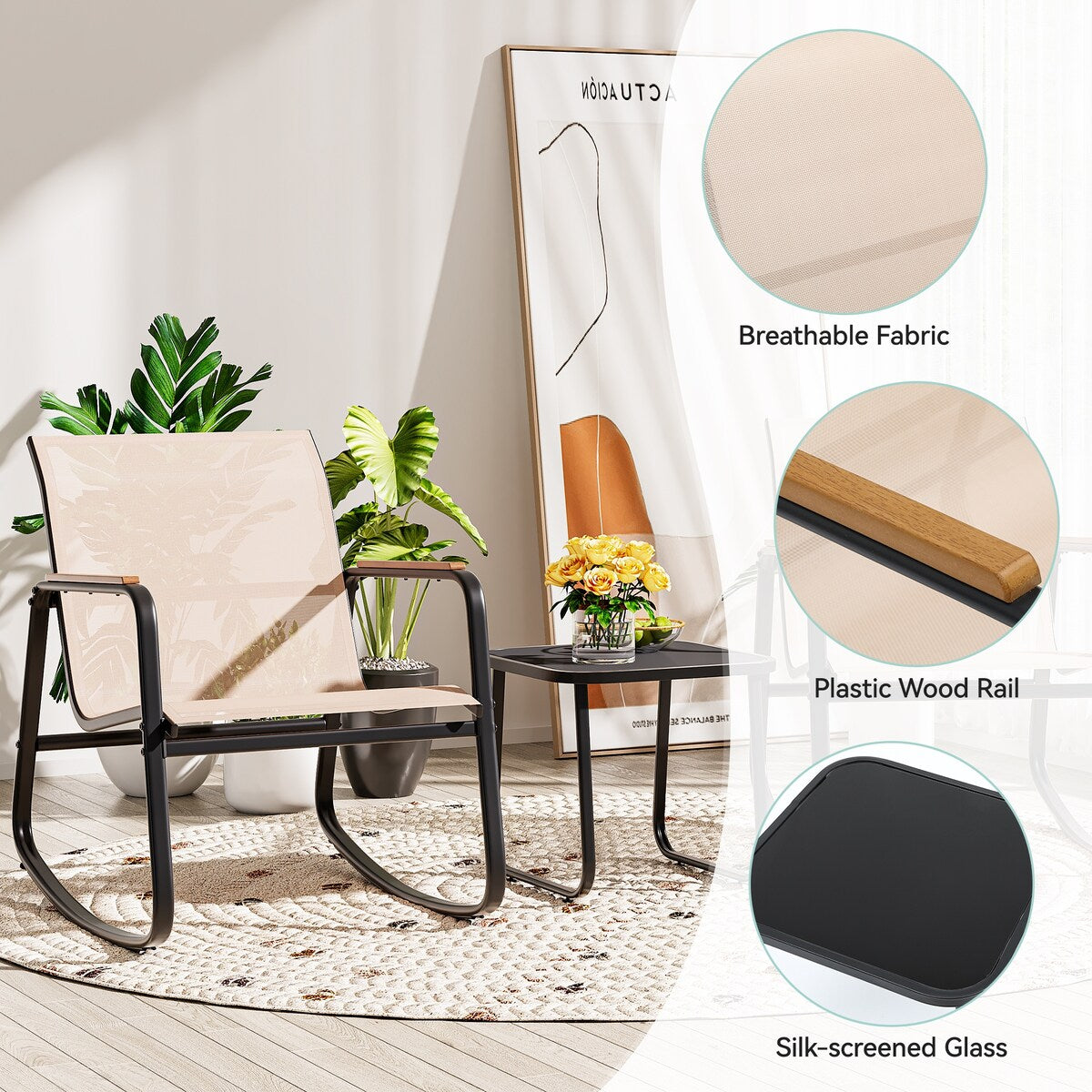 Moasis 3-piece Outdoor Rocking Chair Chat Set with Side Table