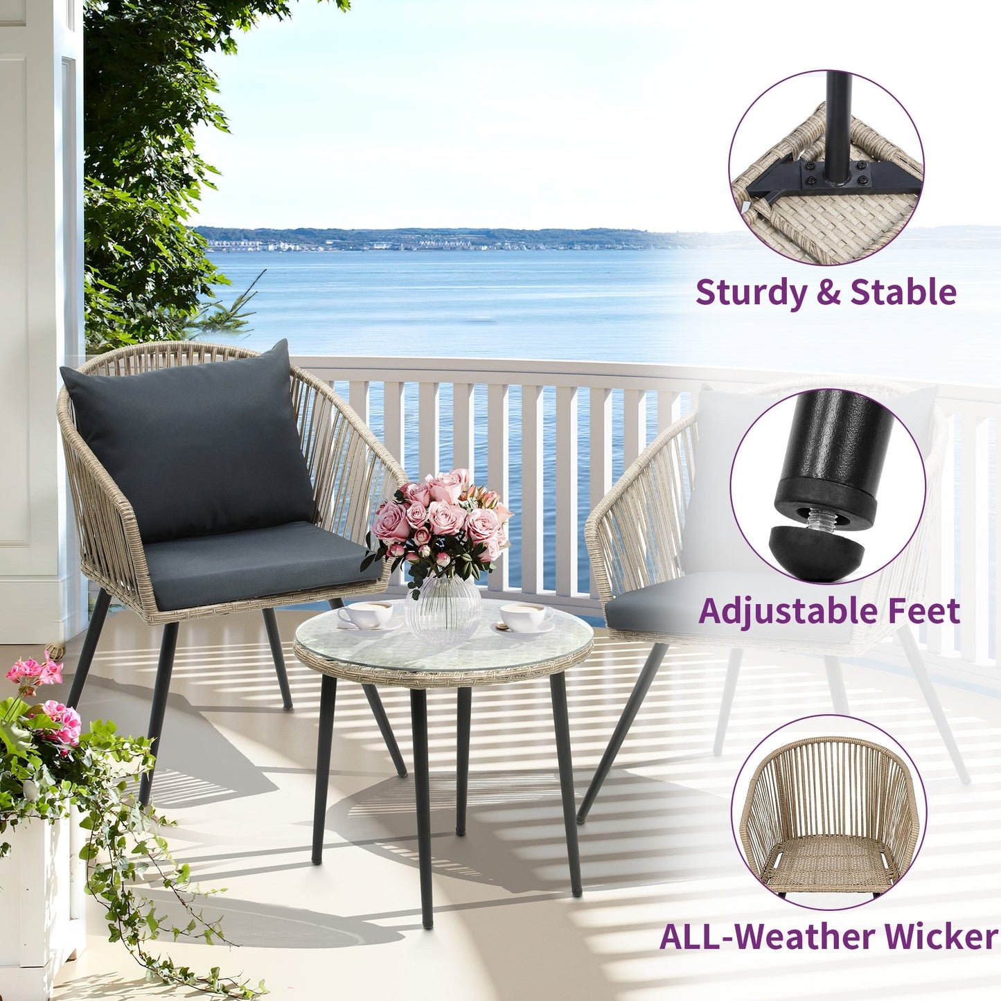 Moasis Wicker Bistro Set Outdoor Furniture - 3 Pcs