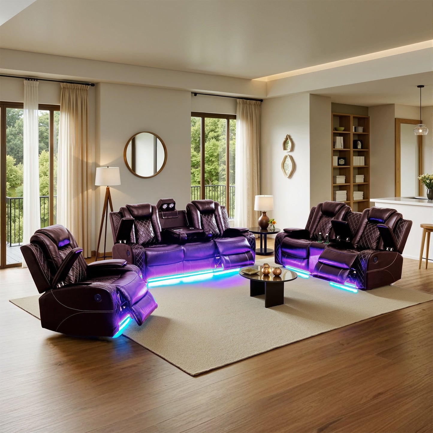 Modern 3-Piece Leather Recliner Sofa Set with LED, Wireless Charging