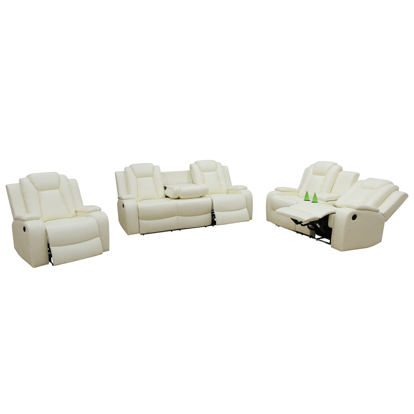 Modern 3-Piece Leather Recliner Sofa Set with LED, Wireless Charging