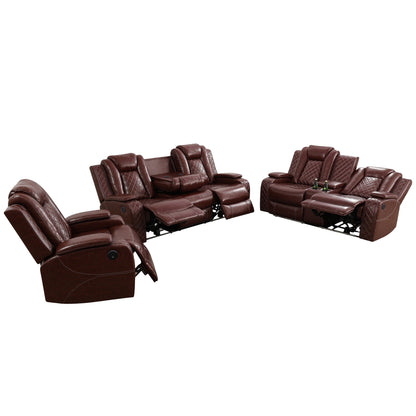 Modern 3-Piece Leather Recliner Sofa Set with LED, Wireless Charging