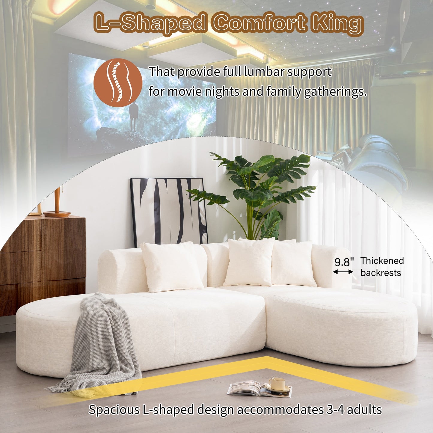 Modern 4-Seater Curved Sectional Sofa with 4 Plush Pillows for Living Room Bedroom