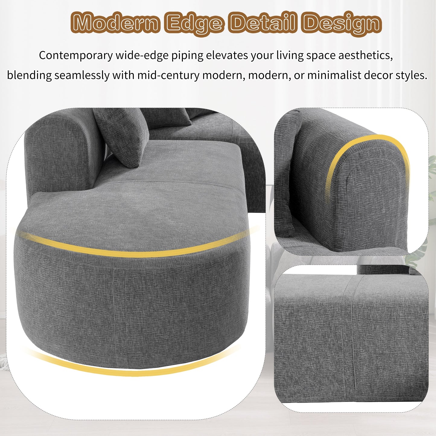 Modern 4-Seater Curved Sectional Sofa with 4 Plush Pillows for Living Room Bedroom