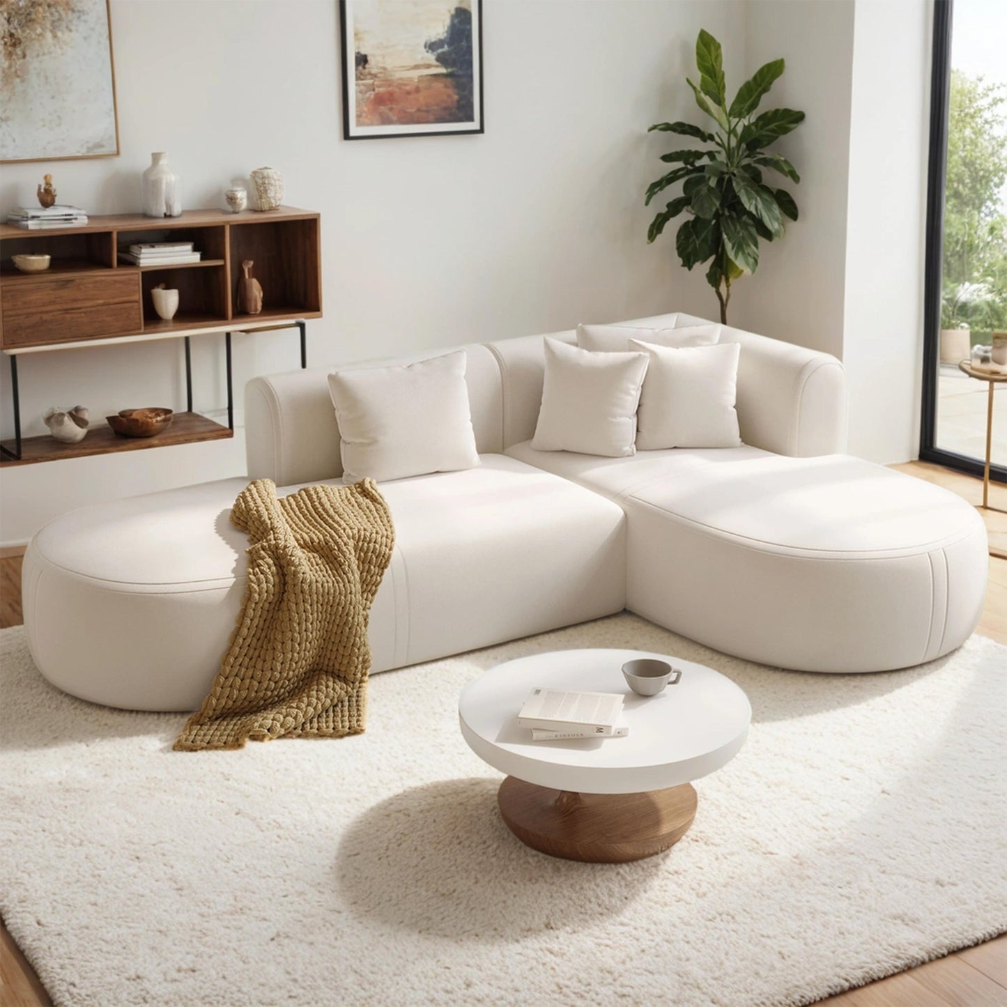 Modern 4-Seater Curved Sectional Sofa with 4 Plush Pillows for Living Room Bedroom