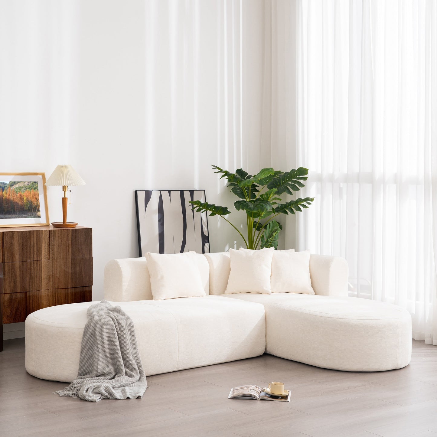 Modern 4-Seater Curved Sectional Sofa with 4 Plush Pillows for Living Room Bedroom