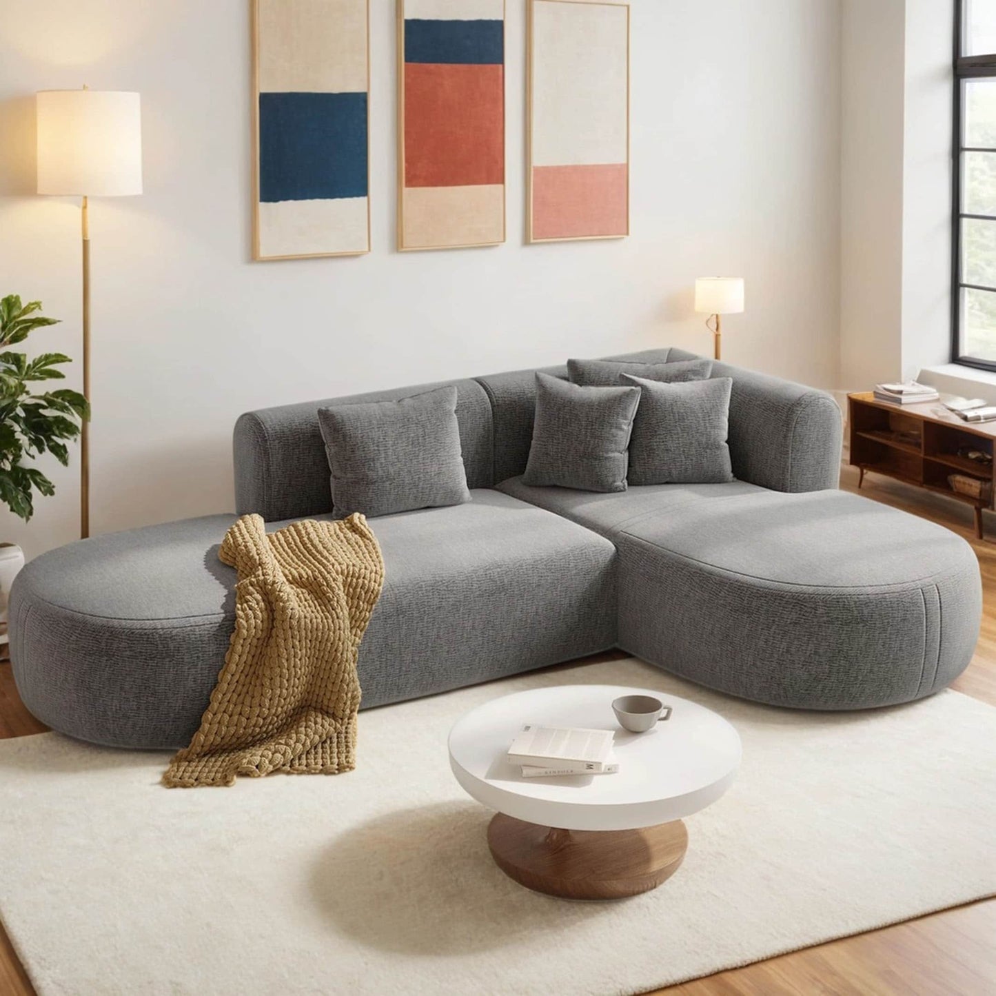 Modern 4-Seater Curved Sectional Sofa with 4 Plush Pillows for Living Room Bedroom