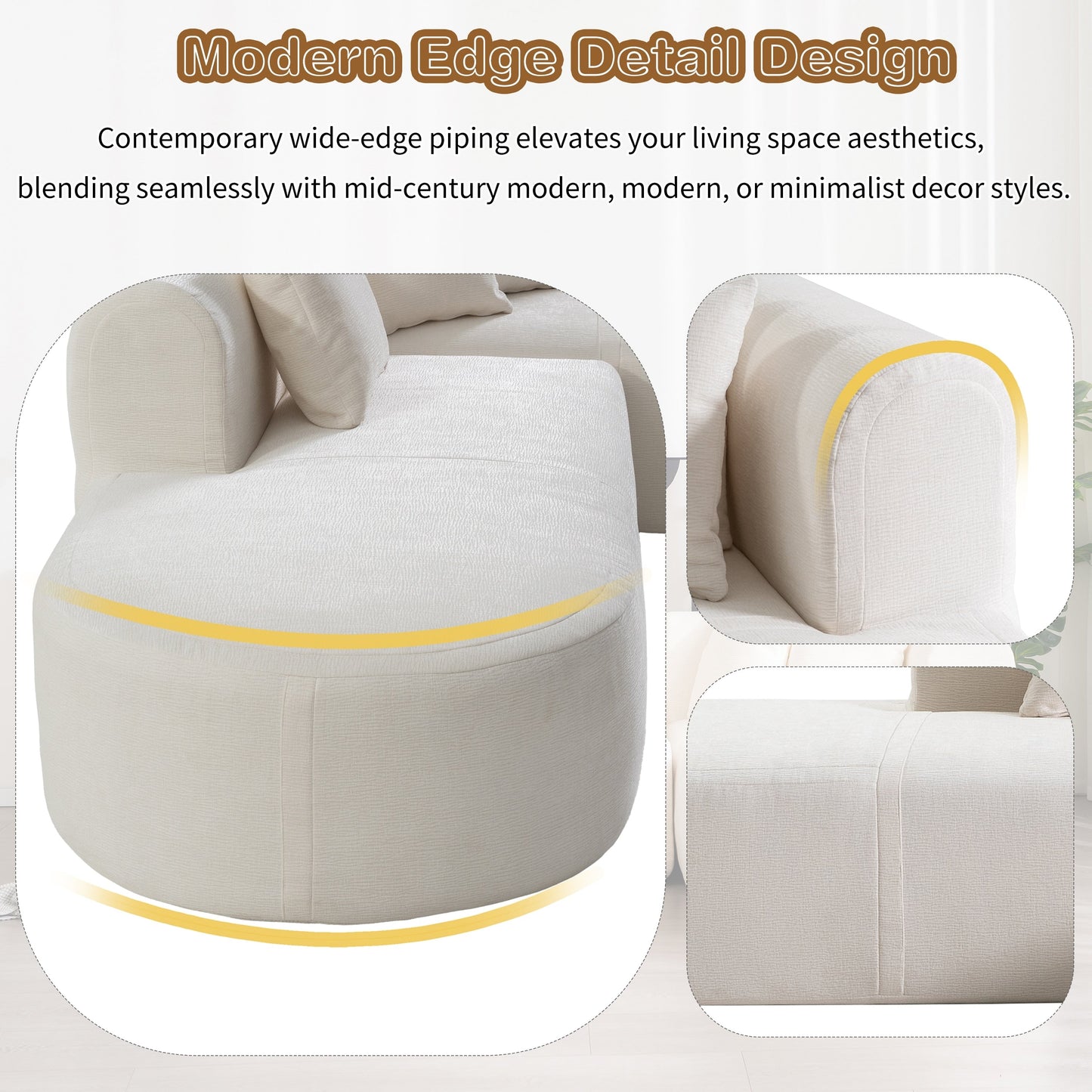 Modern 4-Seater Curved Sectional Sofa with 4 Plush Pillows for Living Room Bedroom