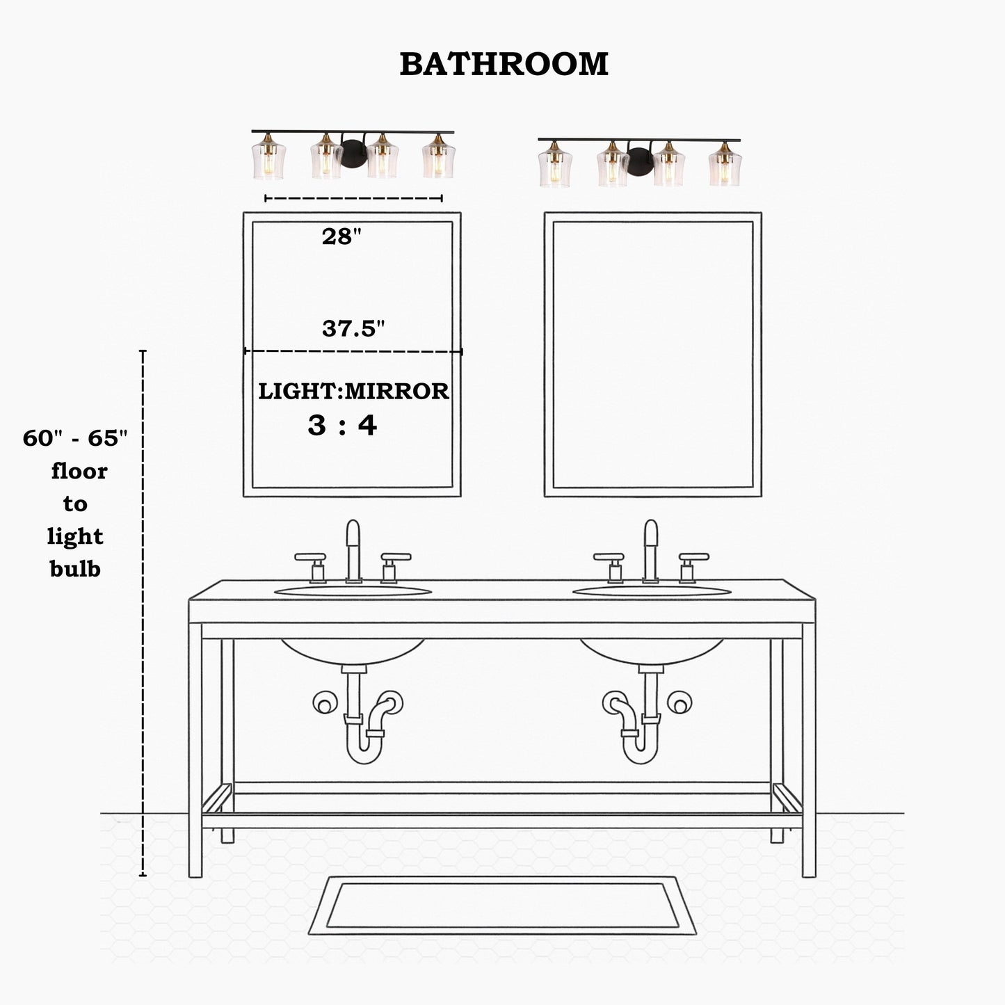 Modern Black Gold 2/3/4-Light Linear Bathroom Vanity Lights with Seeded Glass