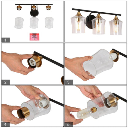 Modern Black Gold 2/3/4-Light Linear Bathroom Vanity Lights with Seeded Glass