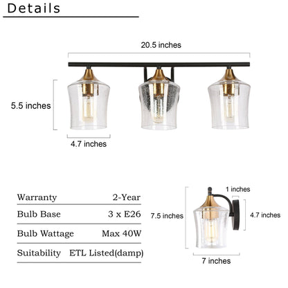 Modern Black Gold 2/3/4-Light Linear Bathroom Vanity Lights with Seeded Glass