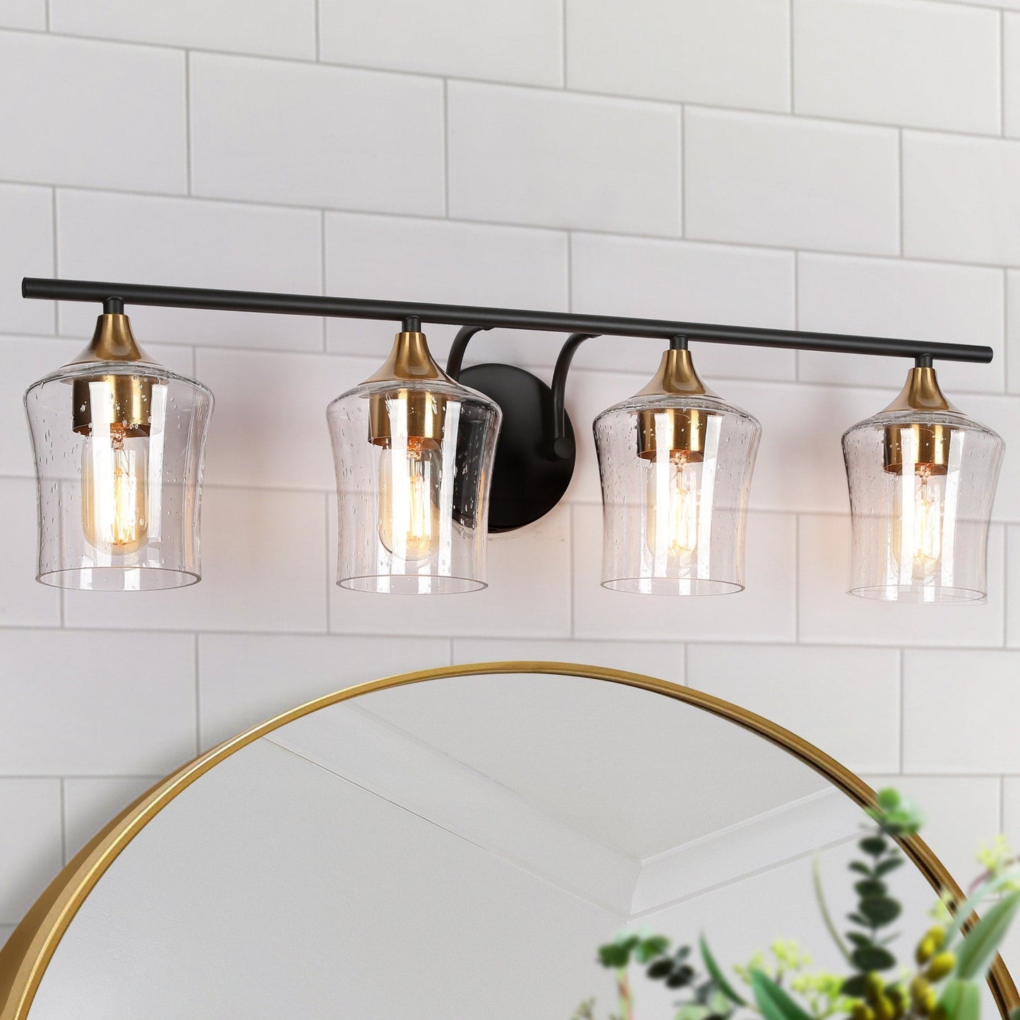 Modern Black Gold 2/3/4-Light Linear Bathroom Vanity Lights with Seeded Glass