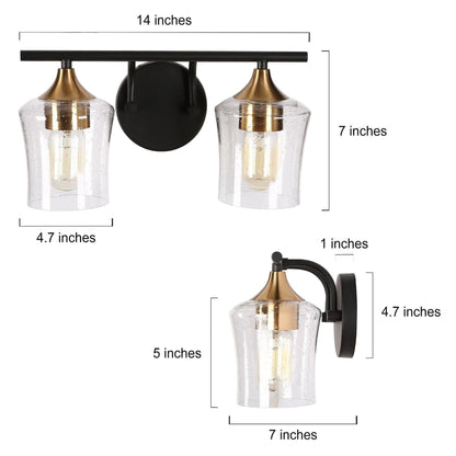Modern Black Gold 2/3/4-Light Linear Bathroom Vanity Lights with Seeded Glass