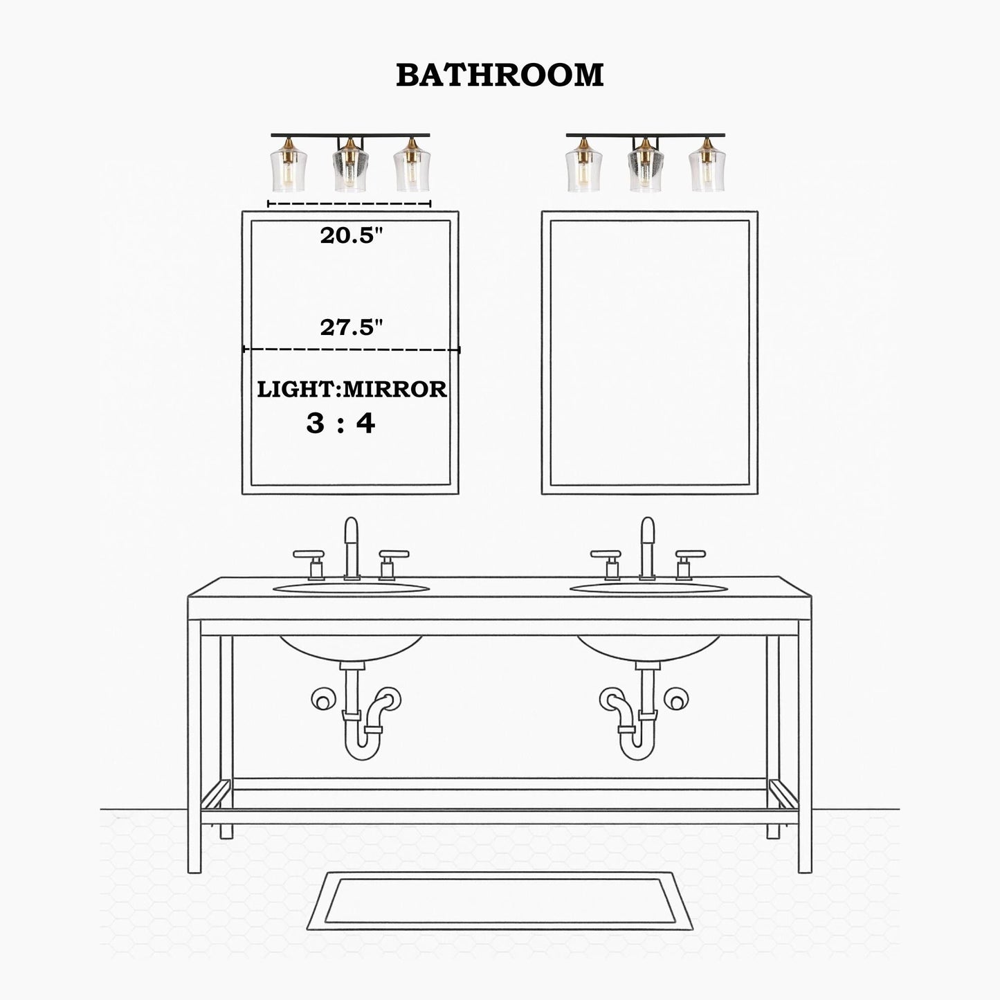 Modern Black Gold 2/3/4-Light Linear Bathroom Vanity Lights with Seeded Glass