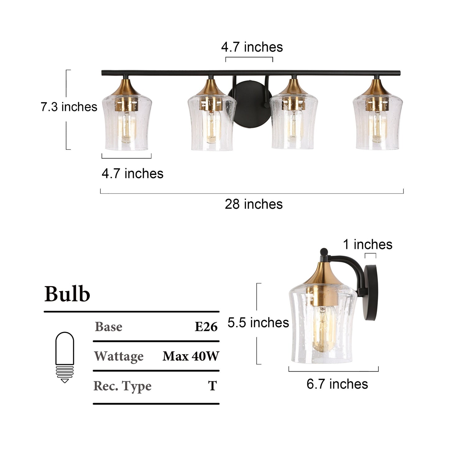 Modern Black Gold 2/3/4-Light Linear Bathroom Vanity Lights with Seeded Glass