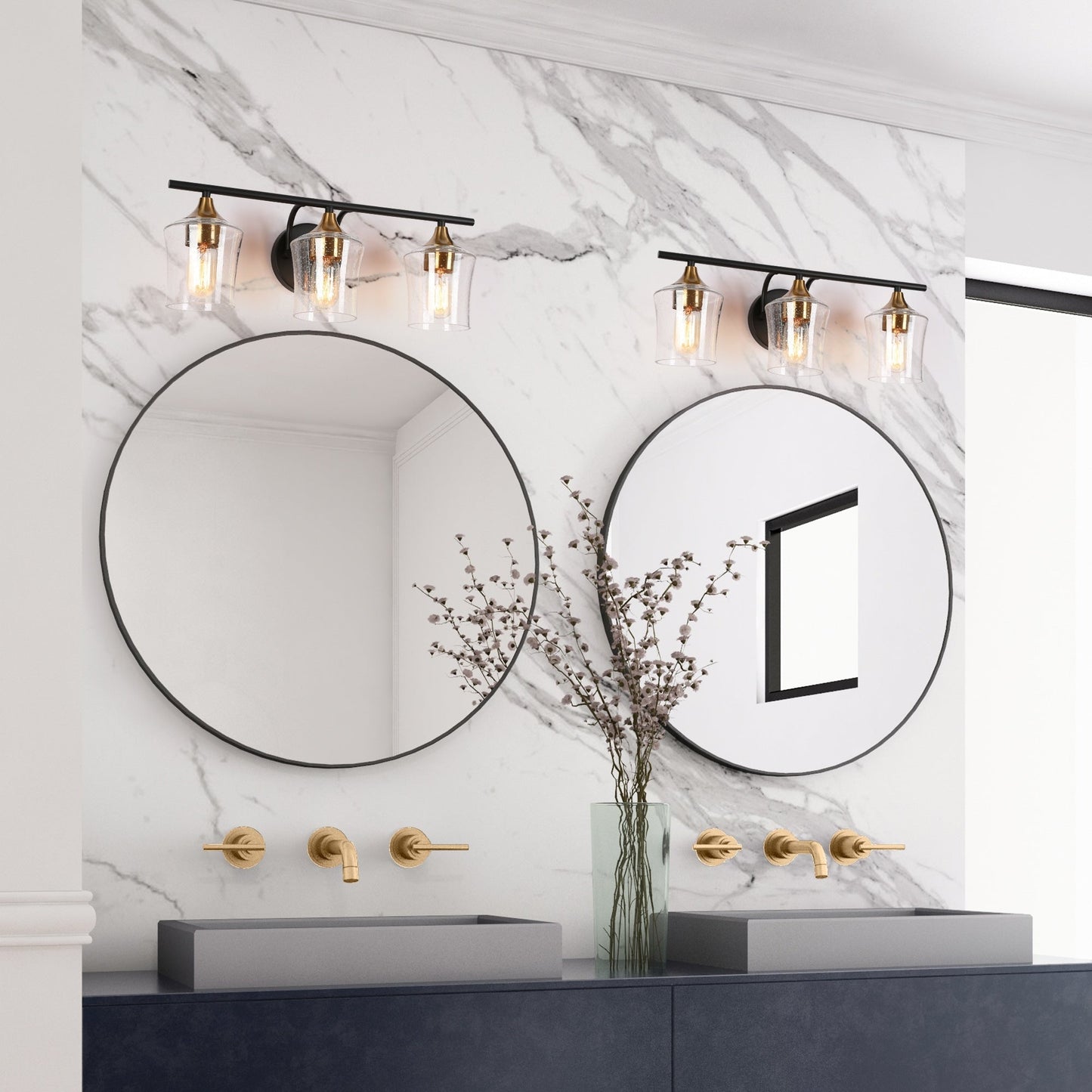Modern Black Gold 2/3/4-Light Linear Bathroom Vanity Lights with Seeded Glass