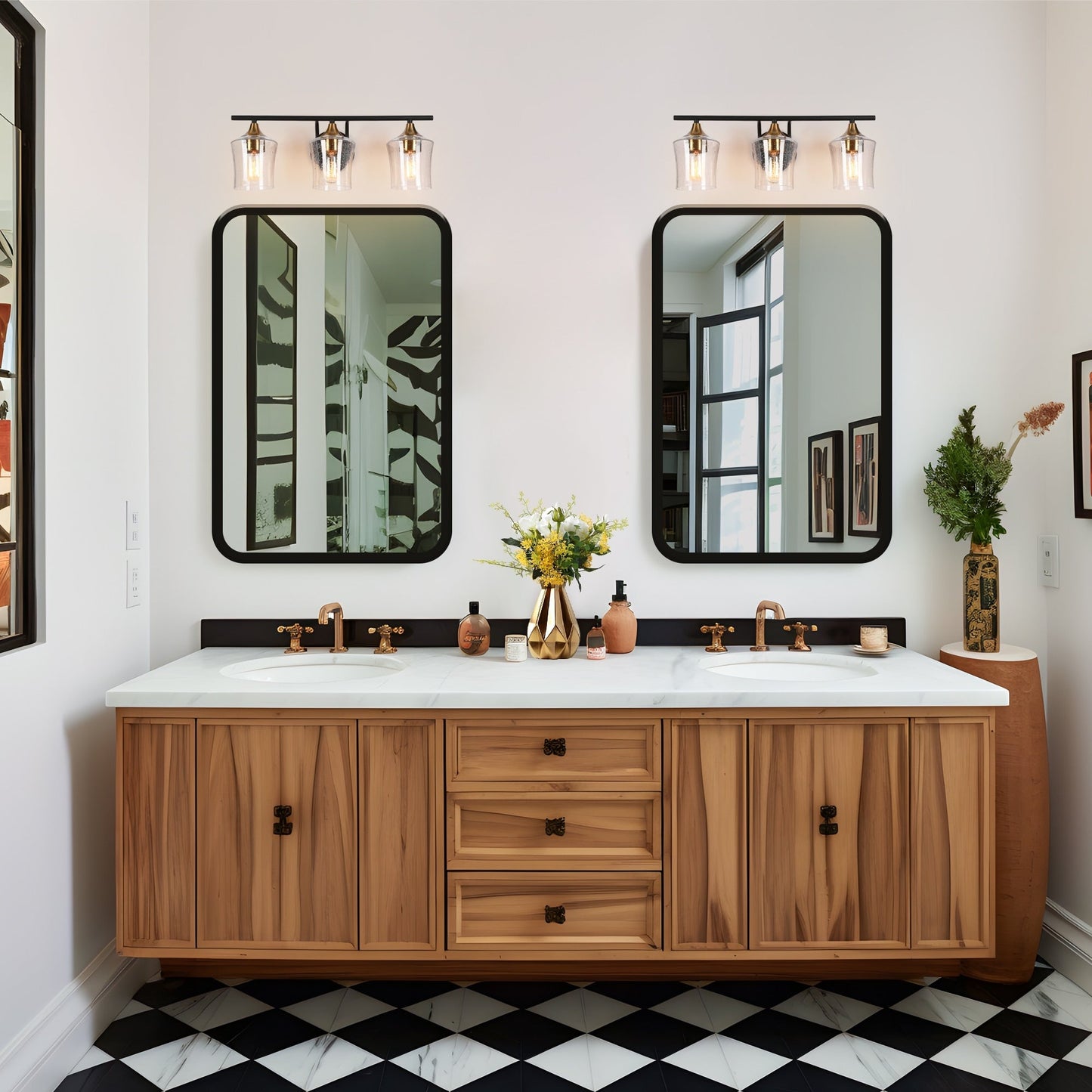 Modern Black Gold 2/3/4-Light Linear Bathroom Vanity Lights with Seeded Glass