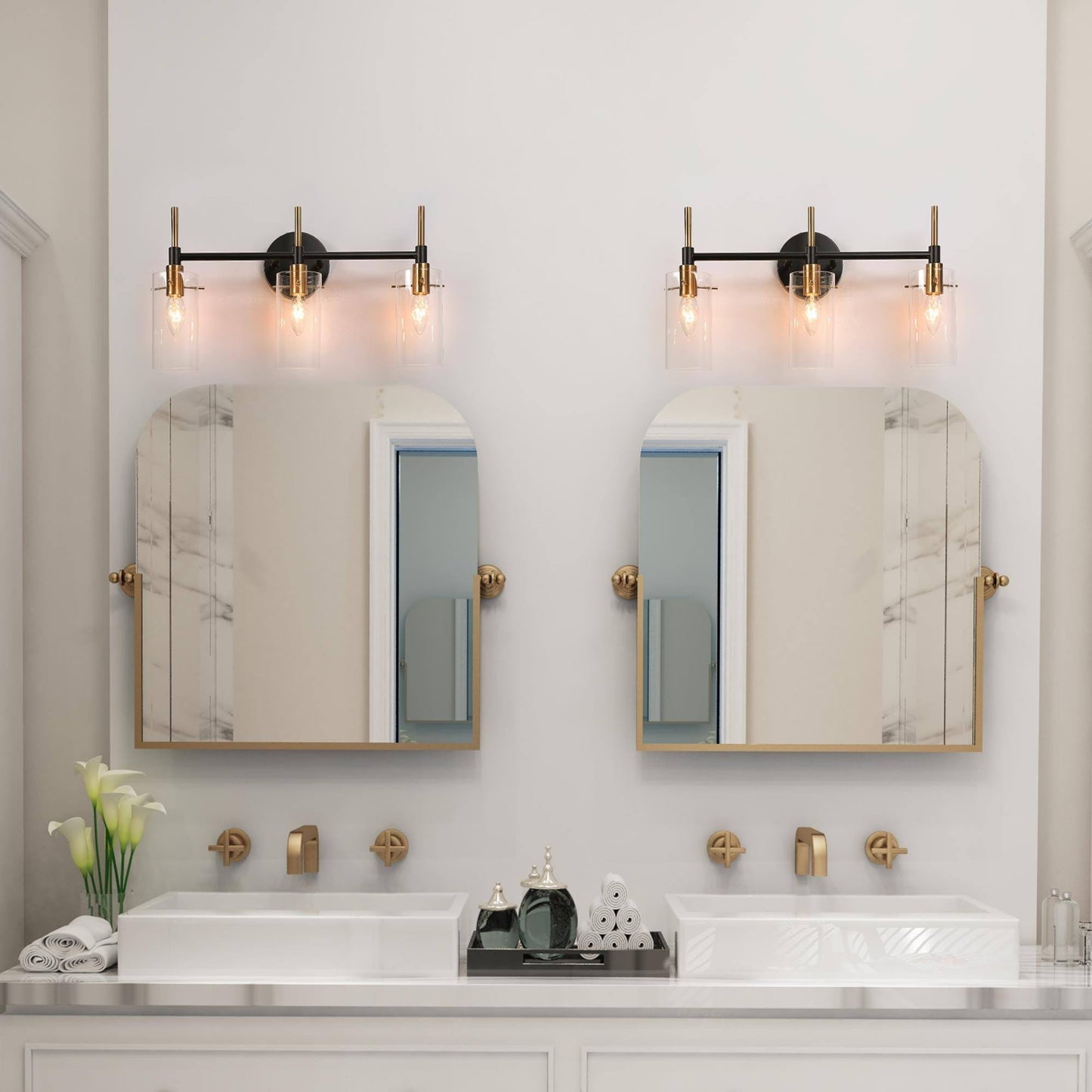 Modern Black Gold Bathroom Vanity Light Dimmable Wall Sconces with Cylinder Clear Glass