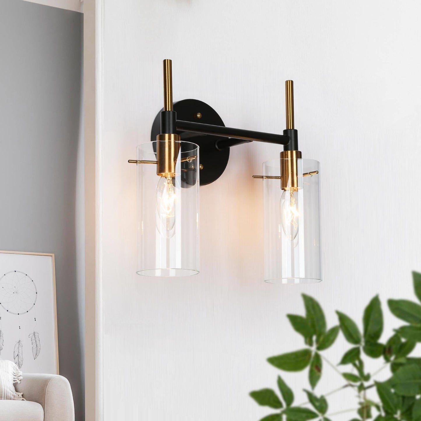 Modern Black Gold Bathroom Vanity Light Dimmable Wall Sconces with Cylinder Clear Glass