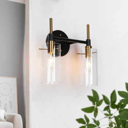 Modern Black Gold Bathroom Vanity Light Dimmable Wall Sconces with Cylinder Clear Glass