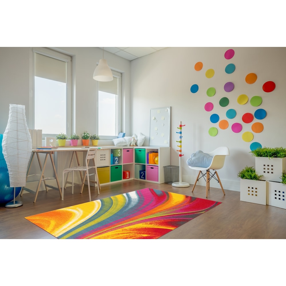 World Rug Gallery Modern Contemporary Waves Multicolored Non-slip Non-skid Area Rug