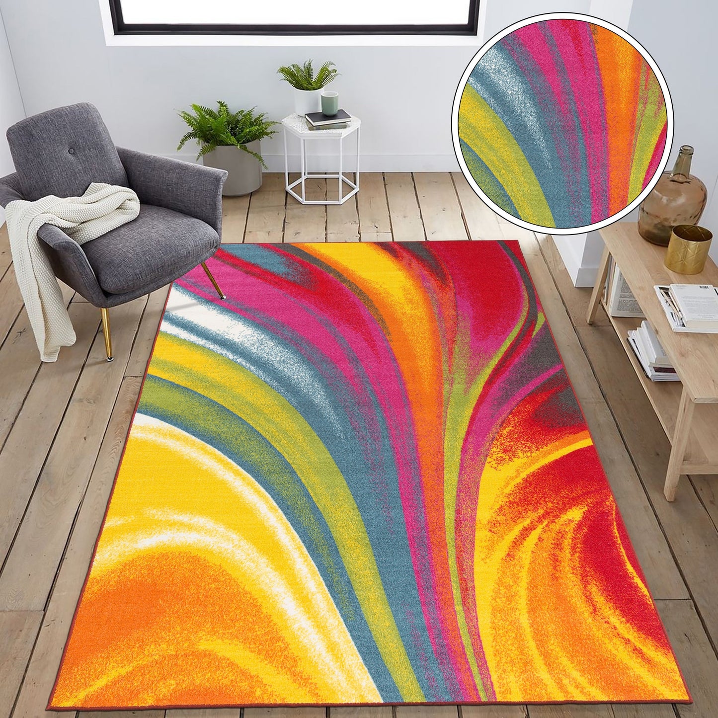 World Rug Gallery Modern Contemporary Waves Multicolored Non-slip Non-skid Area Rug
