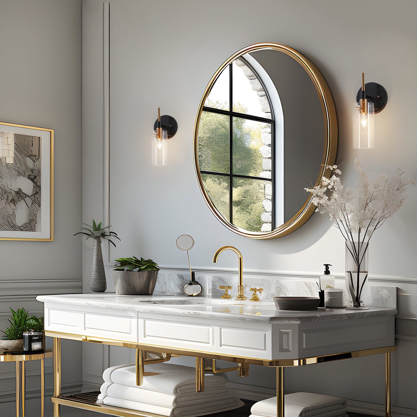 Modern Farmhouse 1-Light Black Gold Wall Sconce Light Fixture with Glass Shade