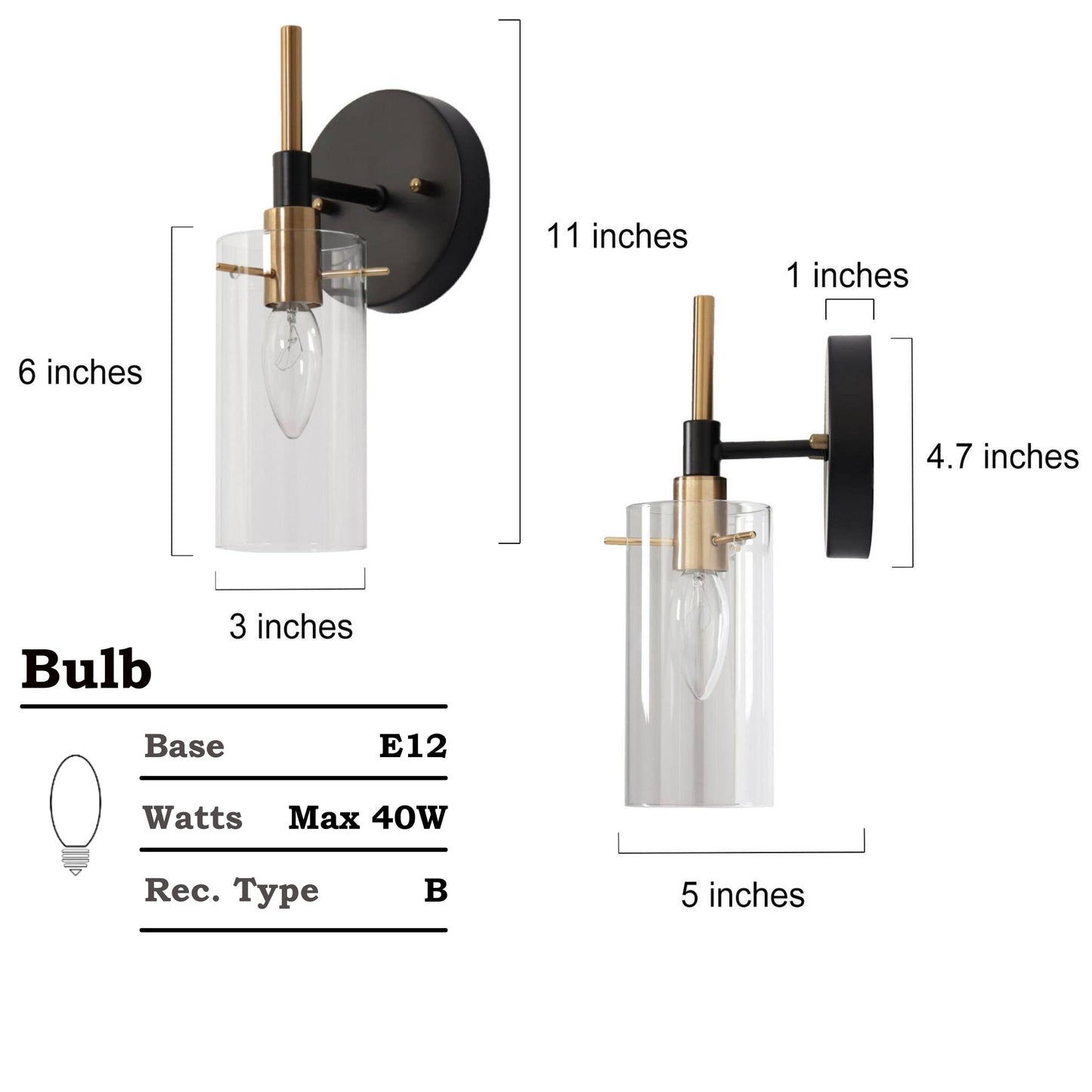 Modern Farmhouse 1-Light Black Gold Wall Sconce Light Fixture with Glass Shade