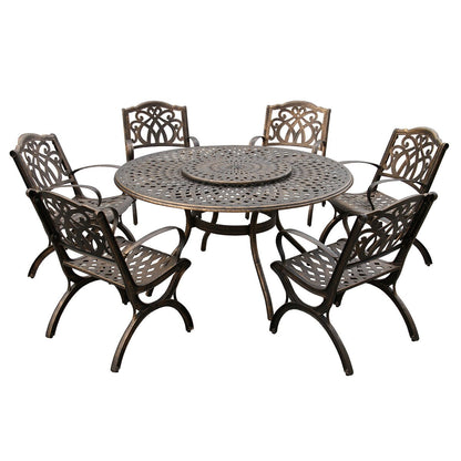 Modern Ornate Outdoor Mesh Aluminum 59-in Large Round Patio Dining Set with Lazy Susan and Six Chairs - N/A