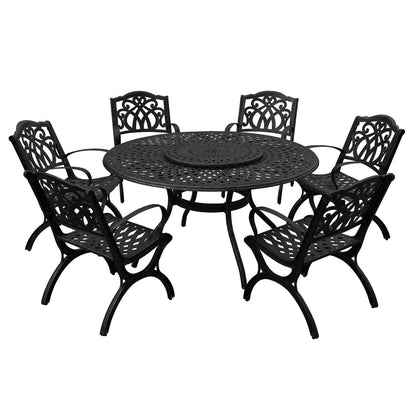Modern Ornate Outdoor Mesh Aluminum 59-in Large Round Patio Dining Set with Lazy Susan and Six Chairs - N/A