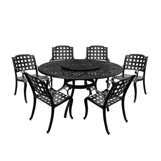 Modern Ornate Outdoor Mesh Aluminum 59-in Large Round Patio Dining Set with Lazy Susan and Six Chairs - N/A