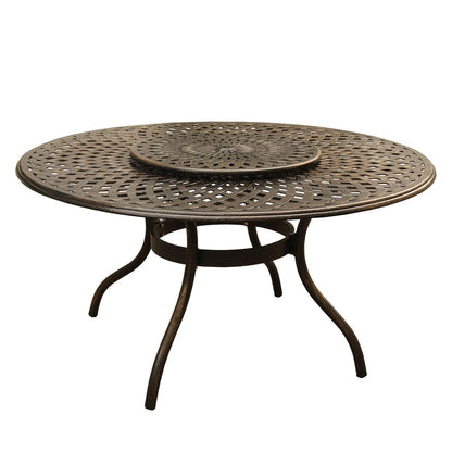 Modern Ornate Outdoor Mesh Aluminum 59-in Large Round Patio Dining Set with Lazy Susan and Six Chairs - N/A