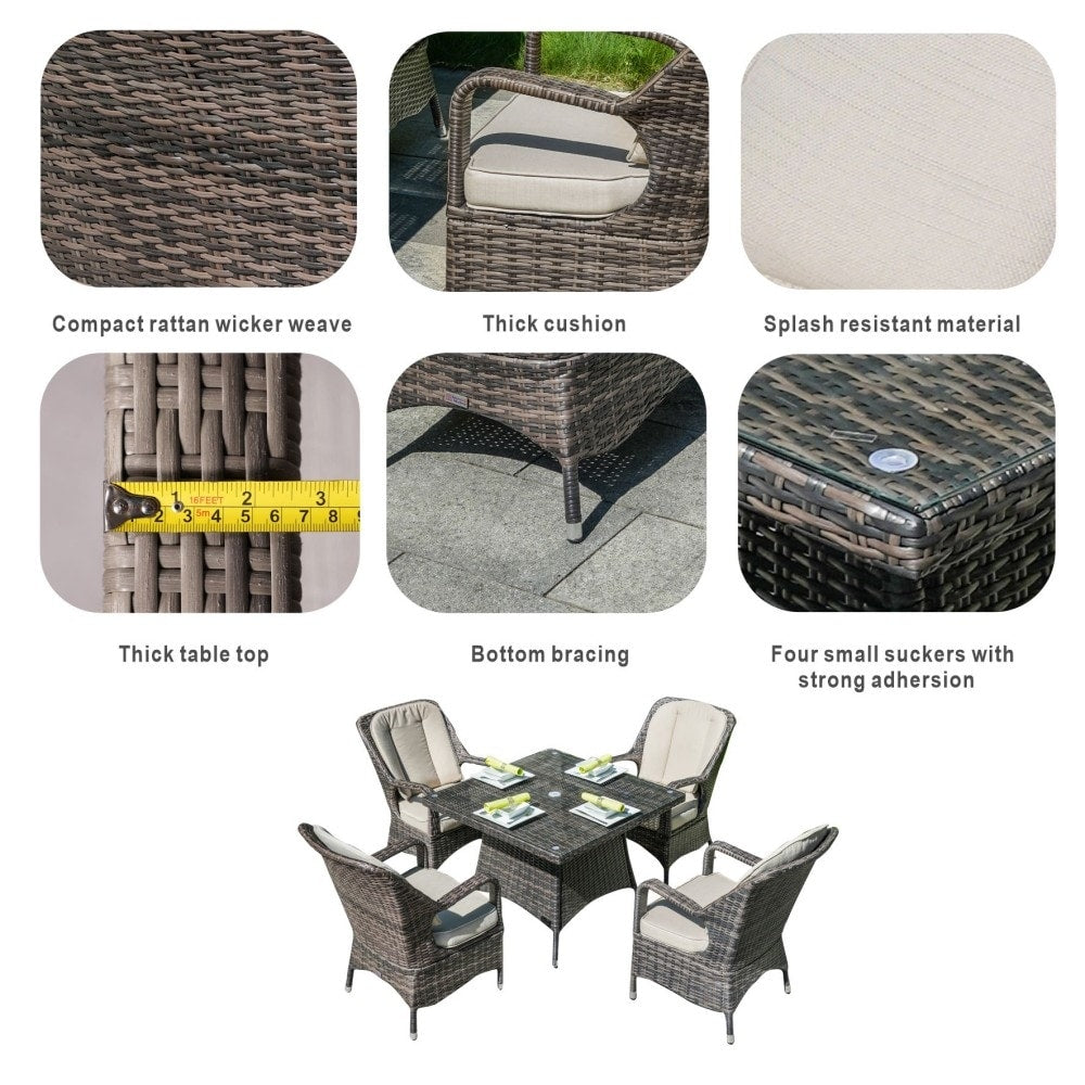 Modern Patio 5-piece Aluminum Wicker Dining Set with Square Glass Top Table and 4 Chairs