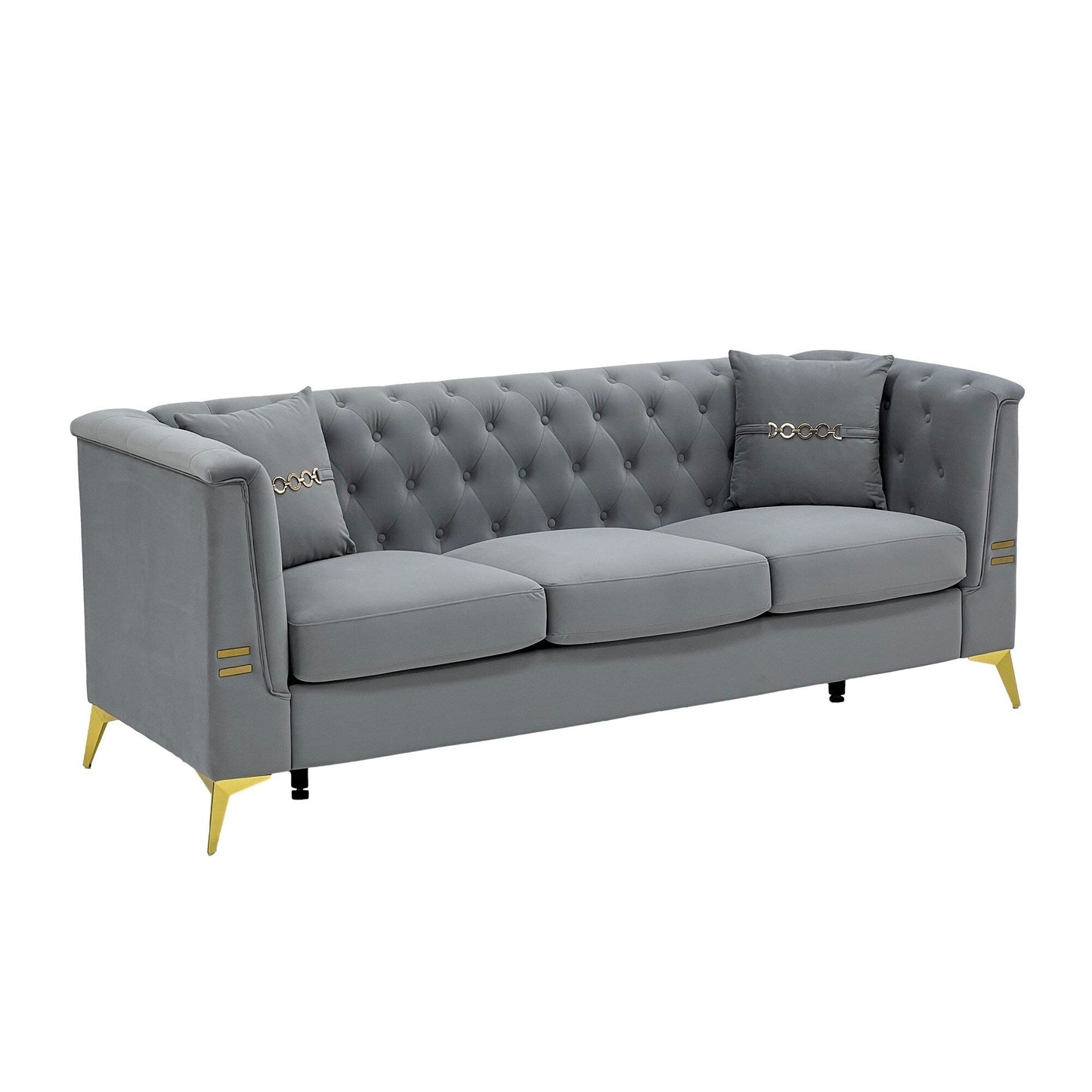 Modern Tufted Velvet Sofa, 82.67 Mid-Century 3-Seater Couch with Gold Metal Legs & Pillows, Elegant Chesterfield-Style Sofa
