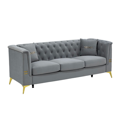 Modern Tufted Velvet Sofa, 82.67 Mid-Century 3-Seater Couch with Gold Metal Legs & Pillows, Elegant Chesterfield-Style Sofa