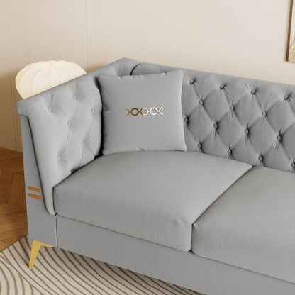Modern Tufted Velvet Sofa, 82.67 Mid-Century 3-Seater Couch with Gold Metal Legs & Pillows, Elegant Chesterfield-Style Sofa