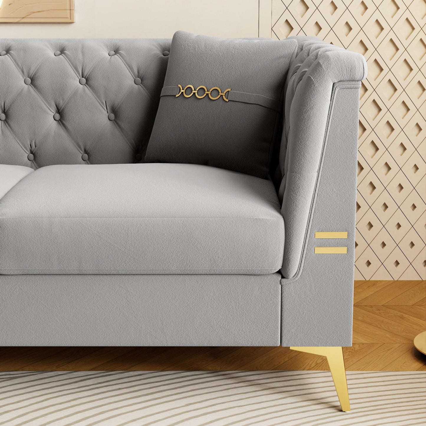 Modern Tufted Velvet Sofa, 82.67 Mid-Century 3-Seater Couch with Gold Metal Legs & Pillows, Elegant Chesterfield-Style Sofa