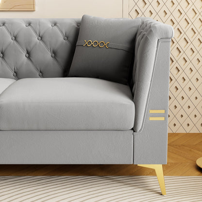 Modern Tufted Velvet Sofa, 82.67 Mid-Century 3-Seater Couch with Gold Metal Legs & Pillows, Elegant Chesterfield-Style Sofa