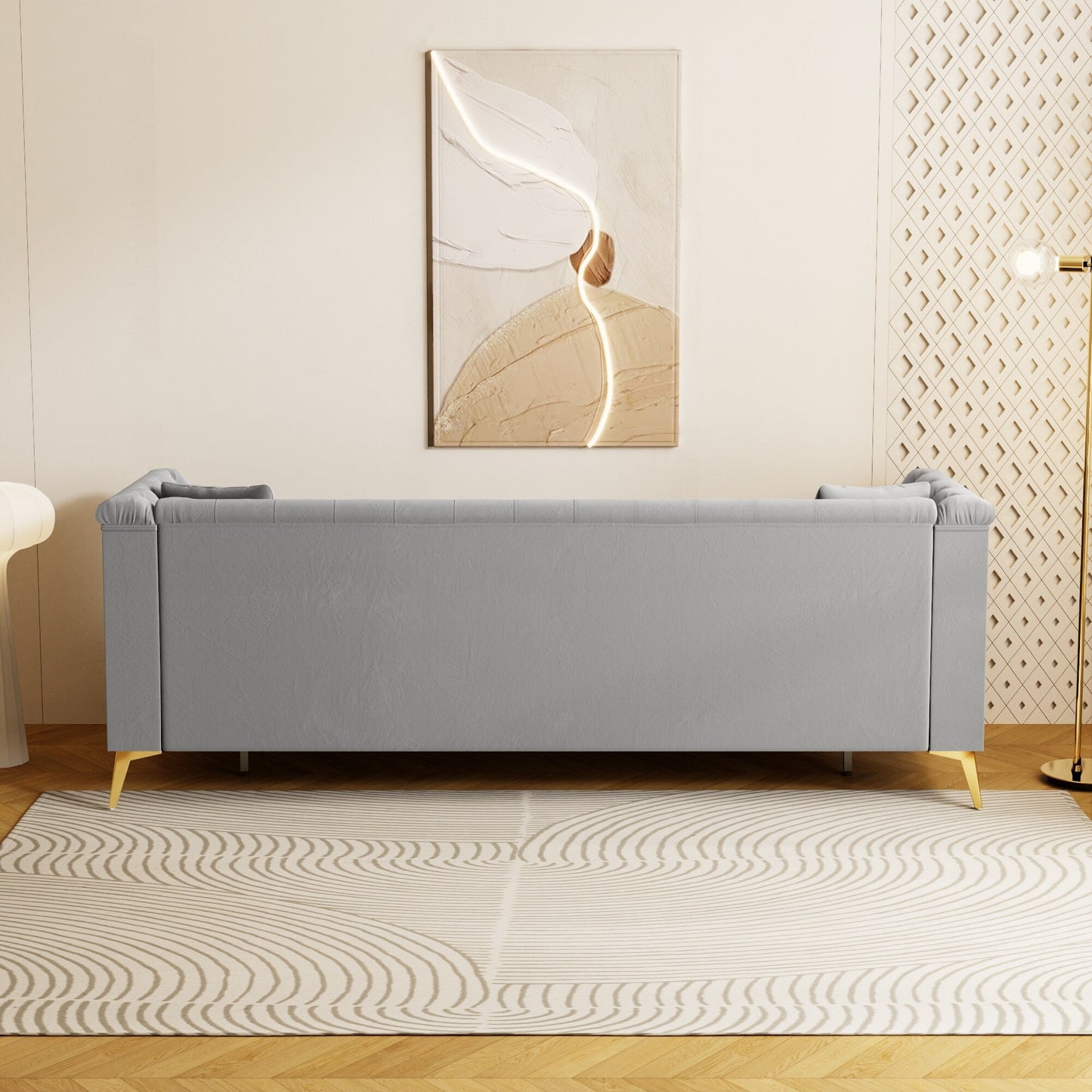 Modern Tufted Velvet Sofa, 82.67 Mid-Century 3-Seater Couch with Gold Metal Legs & Pillows, Elegant Chesterfield-Style Sofa