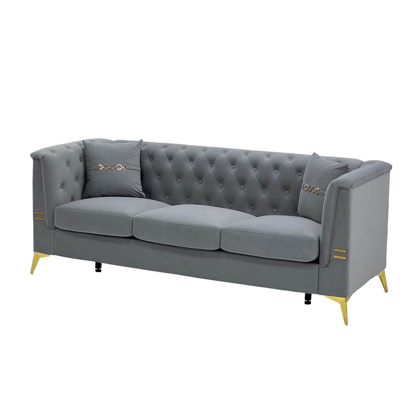 Modern Tufted Velvet Sofa, 82.67 Mid-Century 3-Seater Couch with Gold Metal Legs & Pillows, Elegant Chesterfield-Style Sofa