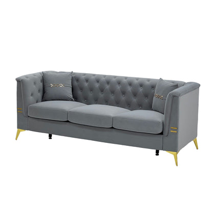 Modern Tufted Velvet Sofa, 82.67 Mid-Century 3-Seater Couch with Gold Metal Legs & Pillows, Elegant Chesterfield-Style Sofa