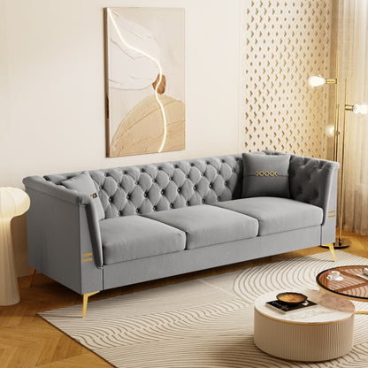 Modern Tufted Velvet Sofa, 82.67 Mid-Century 3-Seater Couch with Gold Metal Legs & Pillows, Elegant Chesterfield-Style Sofa