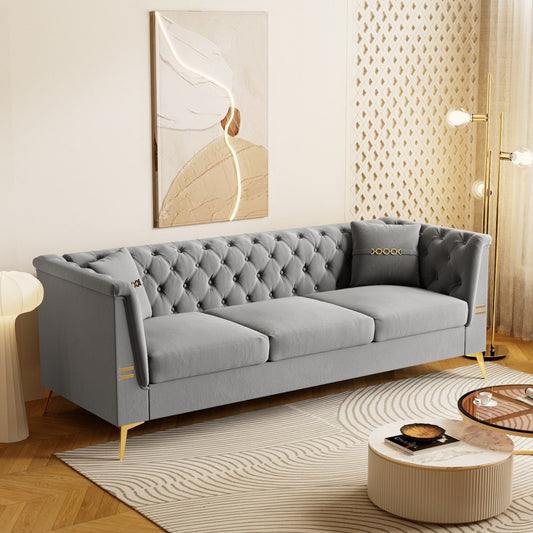Modern Tufted Velvet Sofa, 82.67 Mid-Century 3-Seater Couch with Gold Metal Legs & Pillows, Elegant Chesterfield-Style Sofa