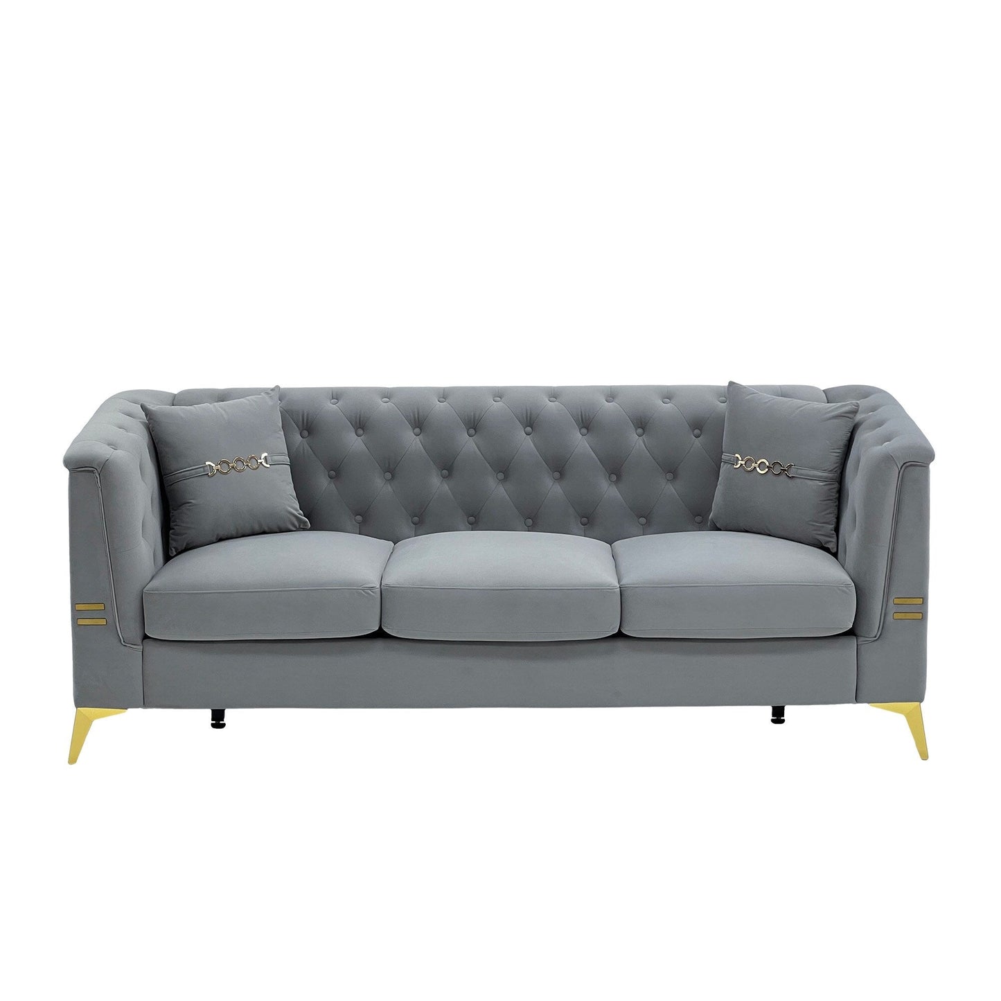 Modern Tufted Velvet Sofa, 82.67 Mid-Century 3-Seater Couch with Gold Metal Legs & Pillows, Elegant Chesterfield-Style Sofa