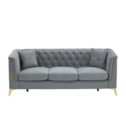 Modern Tufted Velvet Sofa, 82.67 Mid-Century 3-Seater Couch with Gold Metal Legs & Pillows, Elegant Chesterfield-Style Sofa
