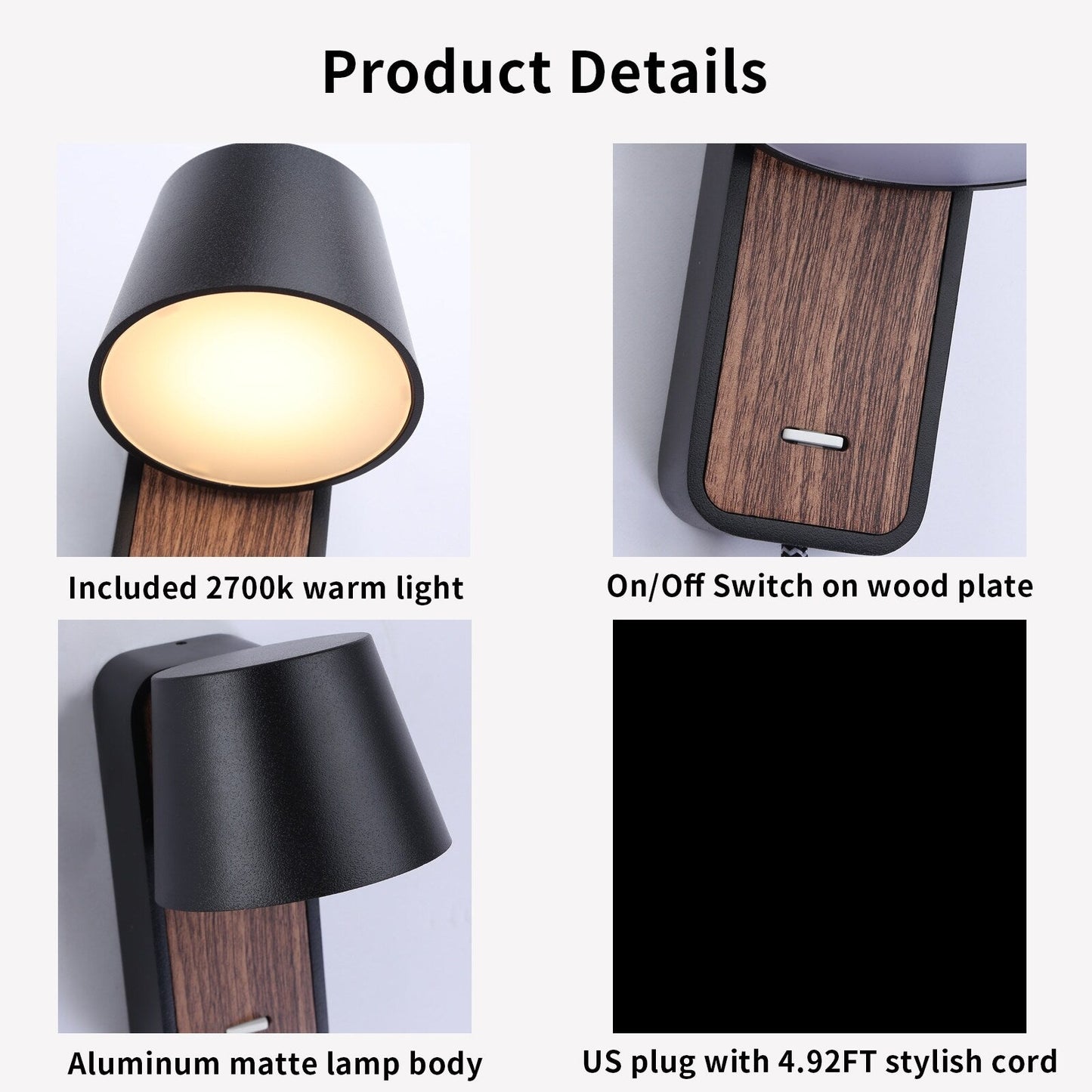 Modern Wall Lamp with Plug in Cord Indoor Contemporary Mounted Lighting Fixture-Nordic Bedside Rotatable Reading Lights