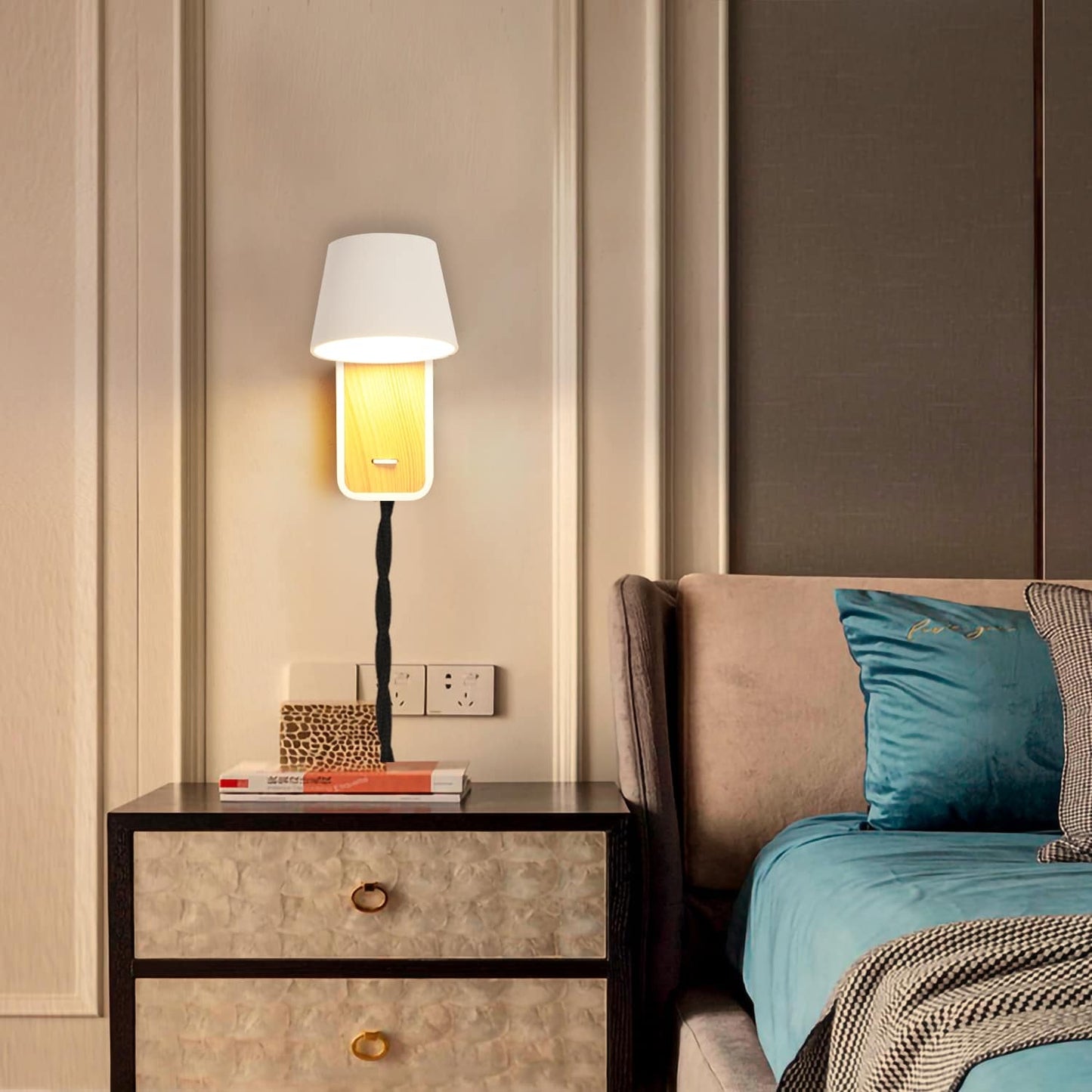 Modern Wall Lamp with Plug in Cord Indoor Contemporary Mounted Lighting Fixture-Nordic Bedside Rotatable Reading Lights