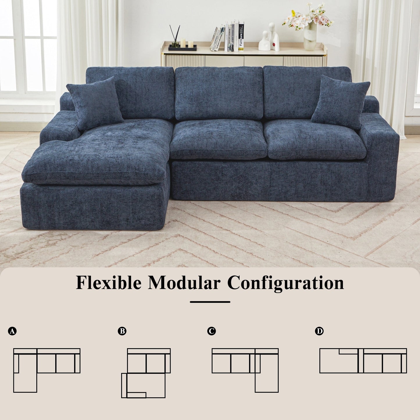 Modular Chenille Cloud Sectional Sofa with Double-Layer Cushions, Side Storage and Matching Pillows for Living Room