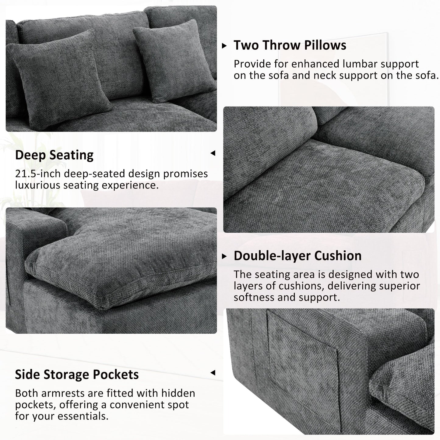 Modular Chenille Cloud Sectional Sofa with Double-Layer Cushions, Side Storage and Matching Pillows for Living Room