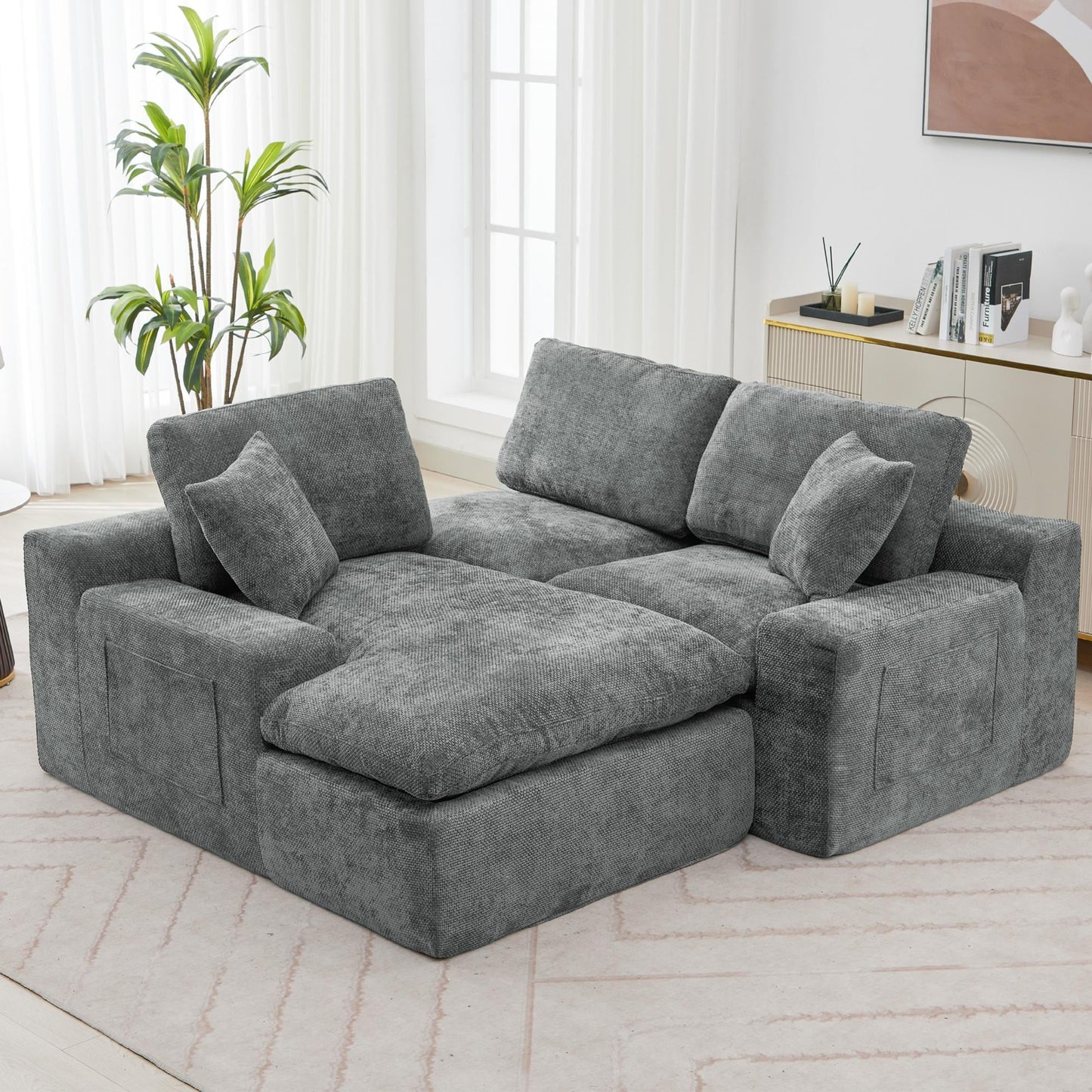 Modular Chenille Cloud Sectional Sofa with Double-Layer Cushions, Side Storage and Matching Pillows for Living Room
